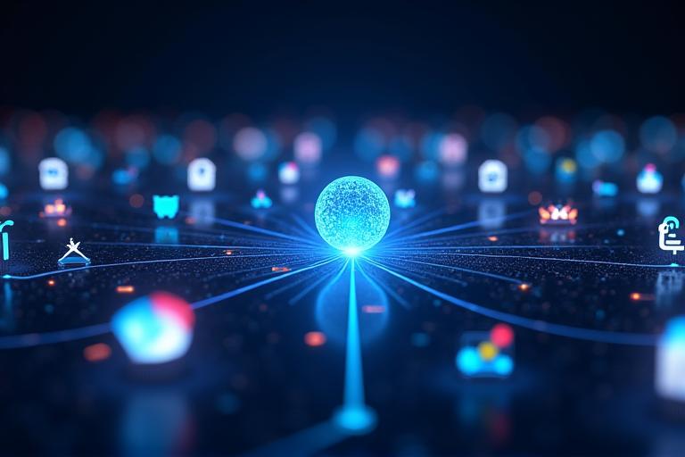 Farklı oyun platformlarının (Steam, mobil app store logoları, konsol kontrolcüleri) simgelerinden oluşan soyut bir ağ, birbirine bağlı dijital küreler şeklinde.