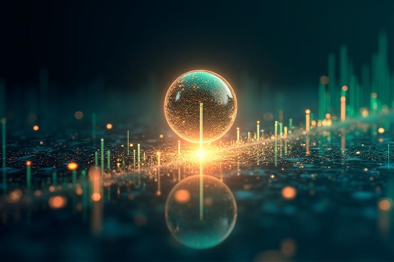 Dijital para birimi simgeleri (bitcoin, dolar, euro) ve büyüyen bir grafik etrafında toplanmış, parlak ışıklı bir küre etrafında dönen soyut finansal simgeler.