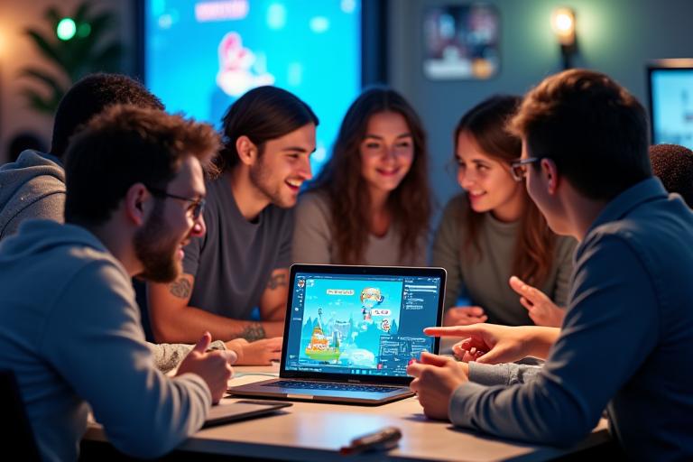 Bir grup indie oyun geliştiricisinin coşkulu bir game jam etkinliğinde birlikte çalıştığını gösteren canlı, dinamik bir fotoğraf. Birlikte gülüyor, fikir alışverişinde bulunuyor ve bilgisayar ekranlarına odaklanıyorlar.