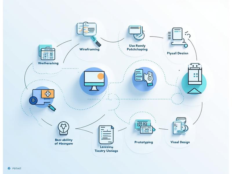 Kullanıcı araştırmasından prototiplemeye, görsel tasarımdan geliştirme aşamasına kadar bir UI/UX tasarım sürecinin zaman çizelgesi.