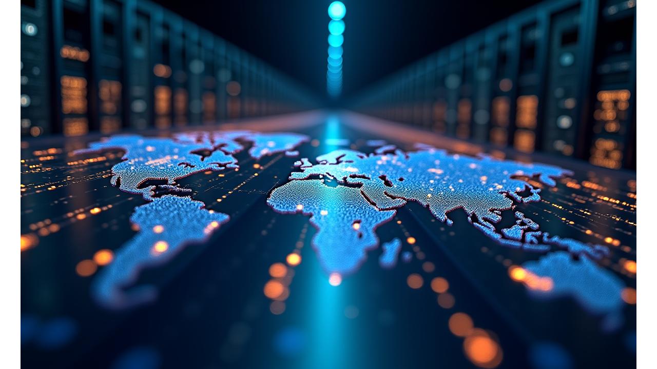 Global harita üzerinde yüksek performanslı sunucuları gösteren bir ağ bağlantısı
